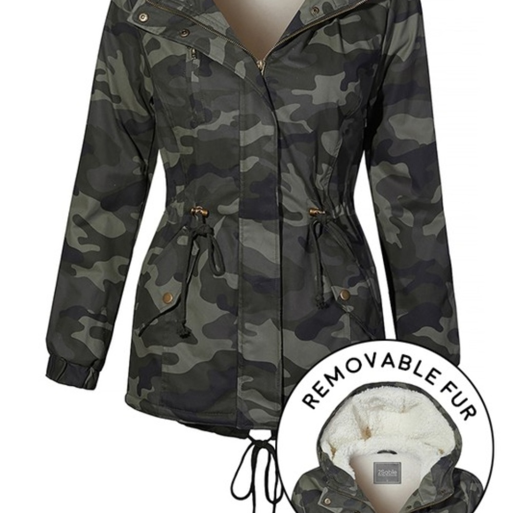 NEW LOVE TREE CAMO MILITARY SHERPA JACKET REMOVABLE FAUX FUR HOODED XS SM MD LG - Picture 3 of 8